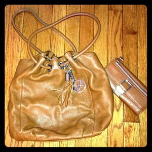MICHAEL Michael Kors Tan Leather Drawstring Shoulder Bag with Tassel Charm